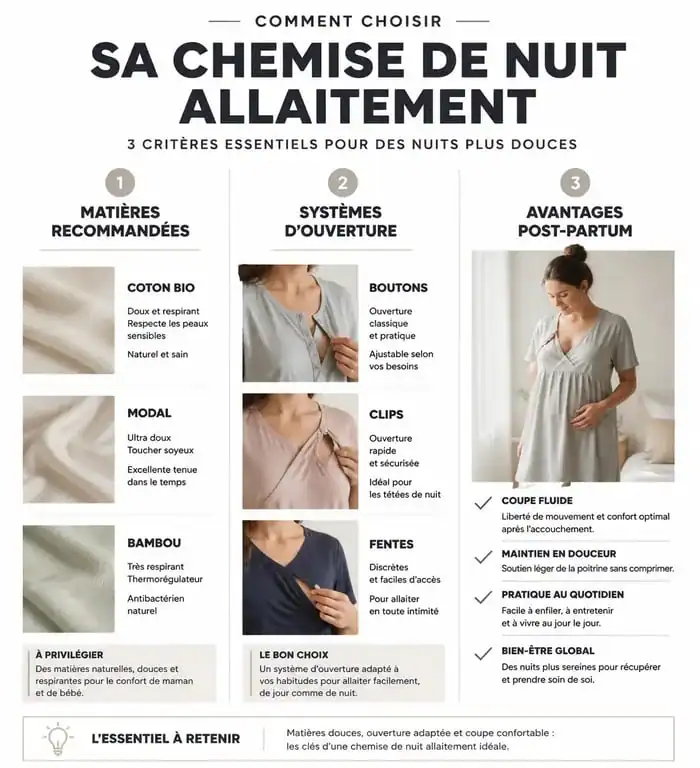 Infographie des critères de choix pour une chemise de nuit allaitement confortable et pratique
