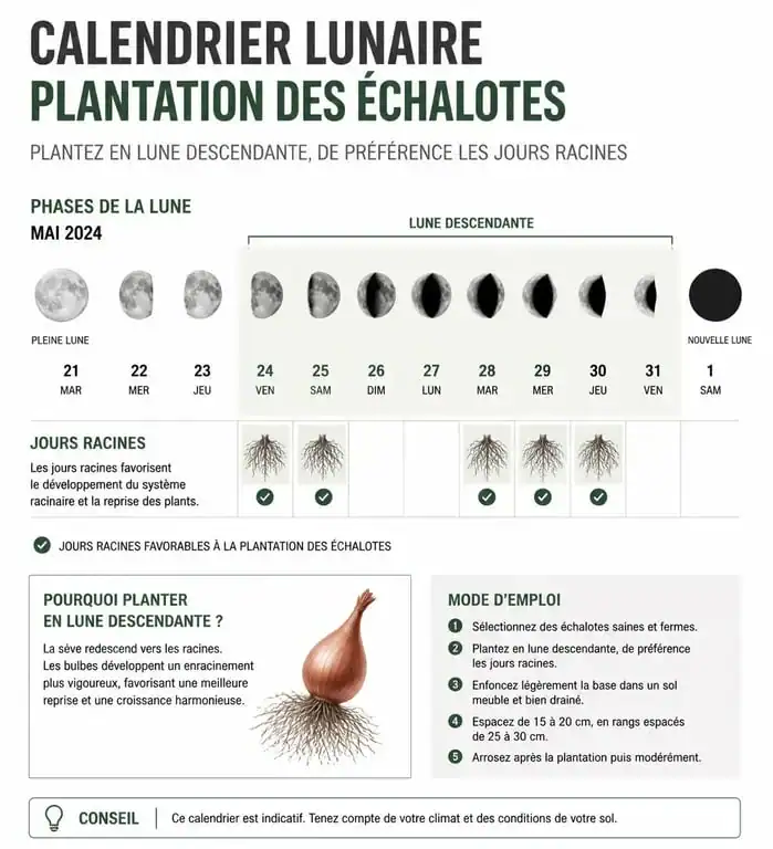 Calendrier lunaire pour la plantation des échalotes : phases de la lune et jours racines