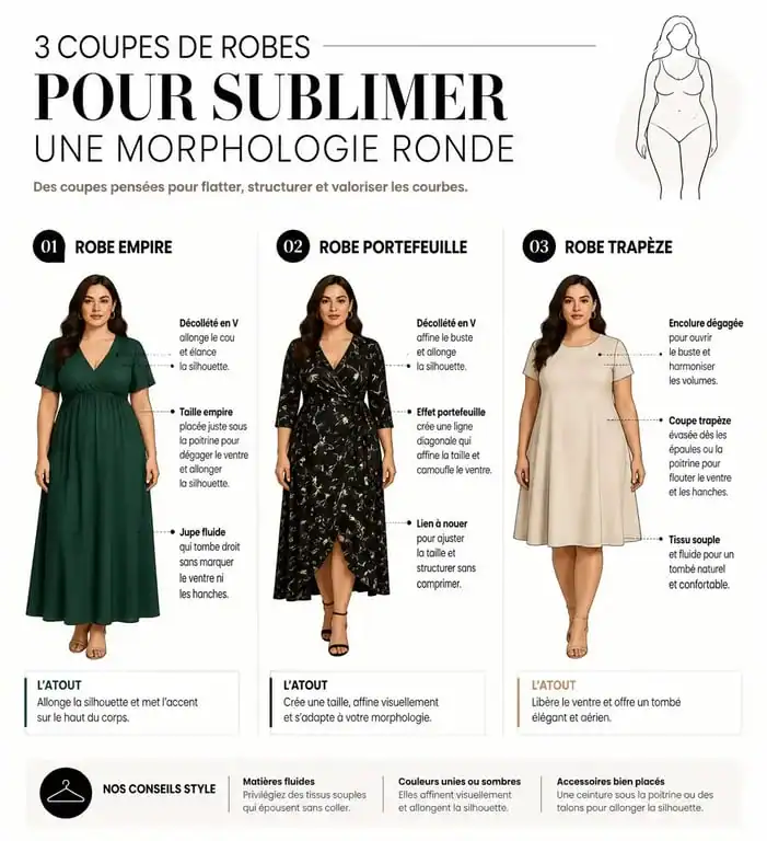 Infographie des coupes de robes idéales pour une morphologie ronde avec du ventre : empire, portefeuille et trapèze.