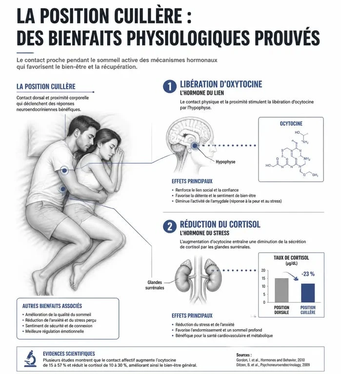 Infographie sur les bienfaits physiologiques et hormonaux de la position cuillère pour dormir en couple