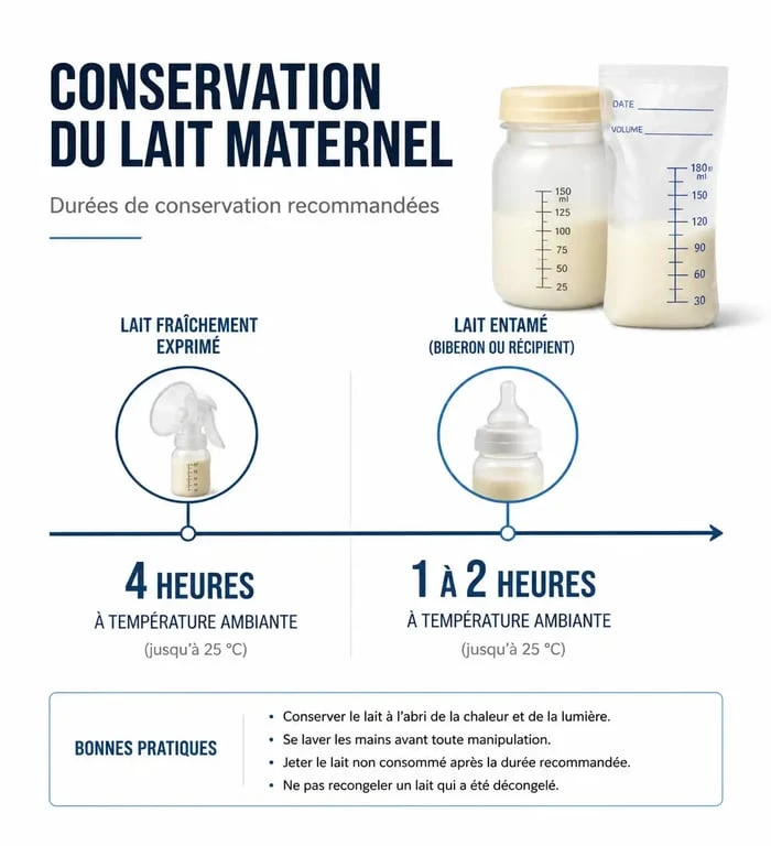 Infographie des durées de conservation du lait maternel sorti du réfrigérateur pour garantir la sécurité alimentaire du bébé