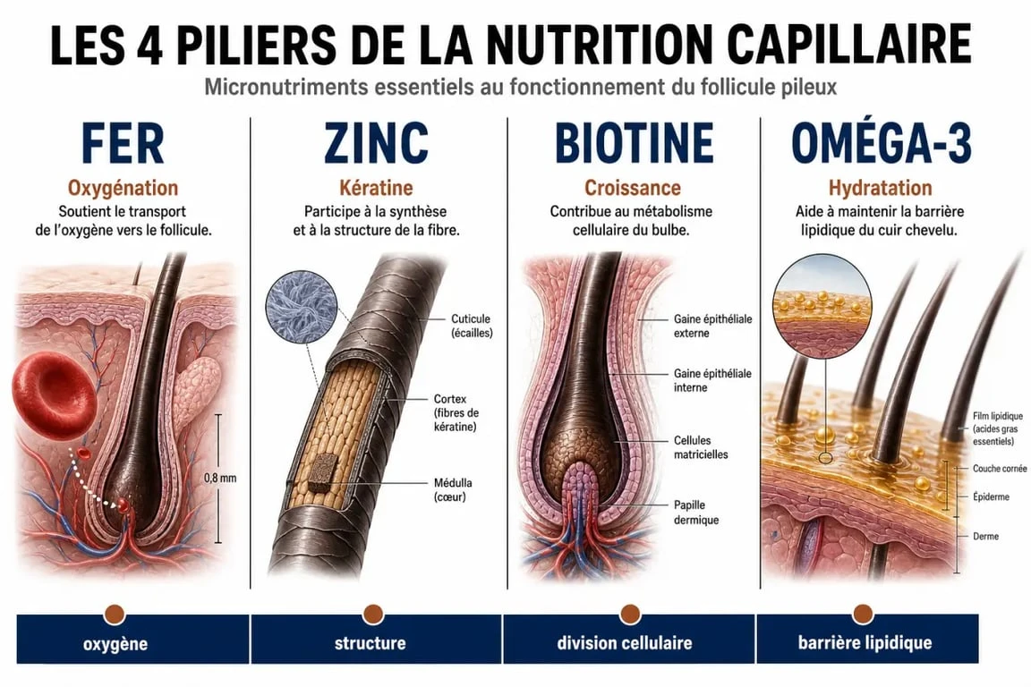 Infographie sur les nutriments essentiels pour la santé et la beauté des cheveux