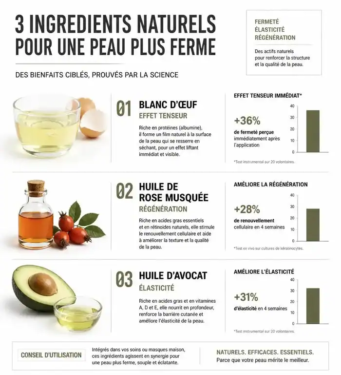 Infographie sur les remèdes de grand-mère pour raffermir la peau avec les bienfaits du blanc d'œuf et des huiles végétales.