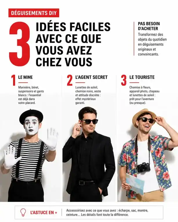 Exemples de déguisement simple sans achat réalisés avec des vêtements du quotidien