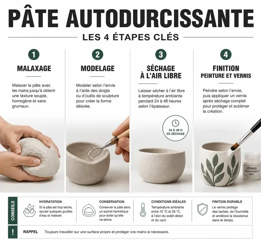 Étapes de création avec de la pâte autodurcissante : du modelage au séchage et à la décoration.