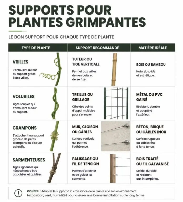 Infographie comparative des supports pour plantes grimpantes : choisir le bon tuteur ou treillis selon le type de plante.