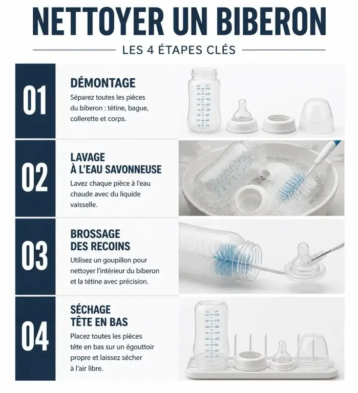 Infographie des étapes de nettoyage pour éviter les conséquences d'un biberon mal lavé