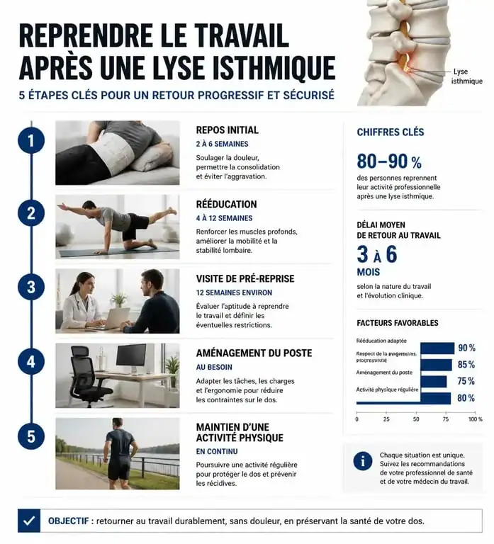 Infographie sur la reprise du travail après une lyse isthmique et les étapes de la rééducation