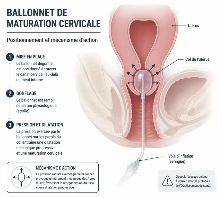 Schéma explicatif du fonctionnement du ballonnet d'accouchement pour la maturation cervicale