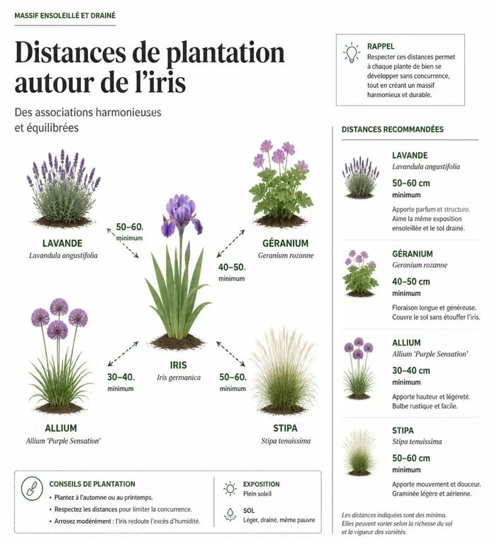 Infographie des distances de plantation pour un massif d'iris et ses plantes compagnes