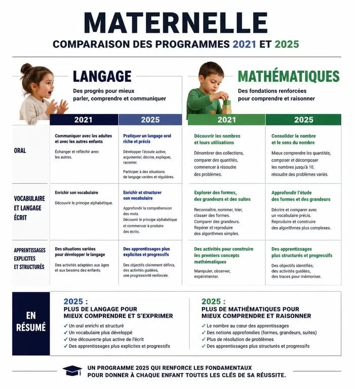 Infographie comparative des changements du nouveau programme maternelle 2025 par rapport à 2021