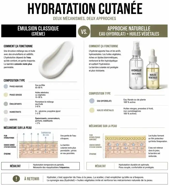 Infographie comparant l'hydratation de la peau avec une crème classique versus des alternatives naturelles pour hydrater sa peau sans crème.