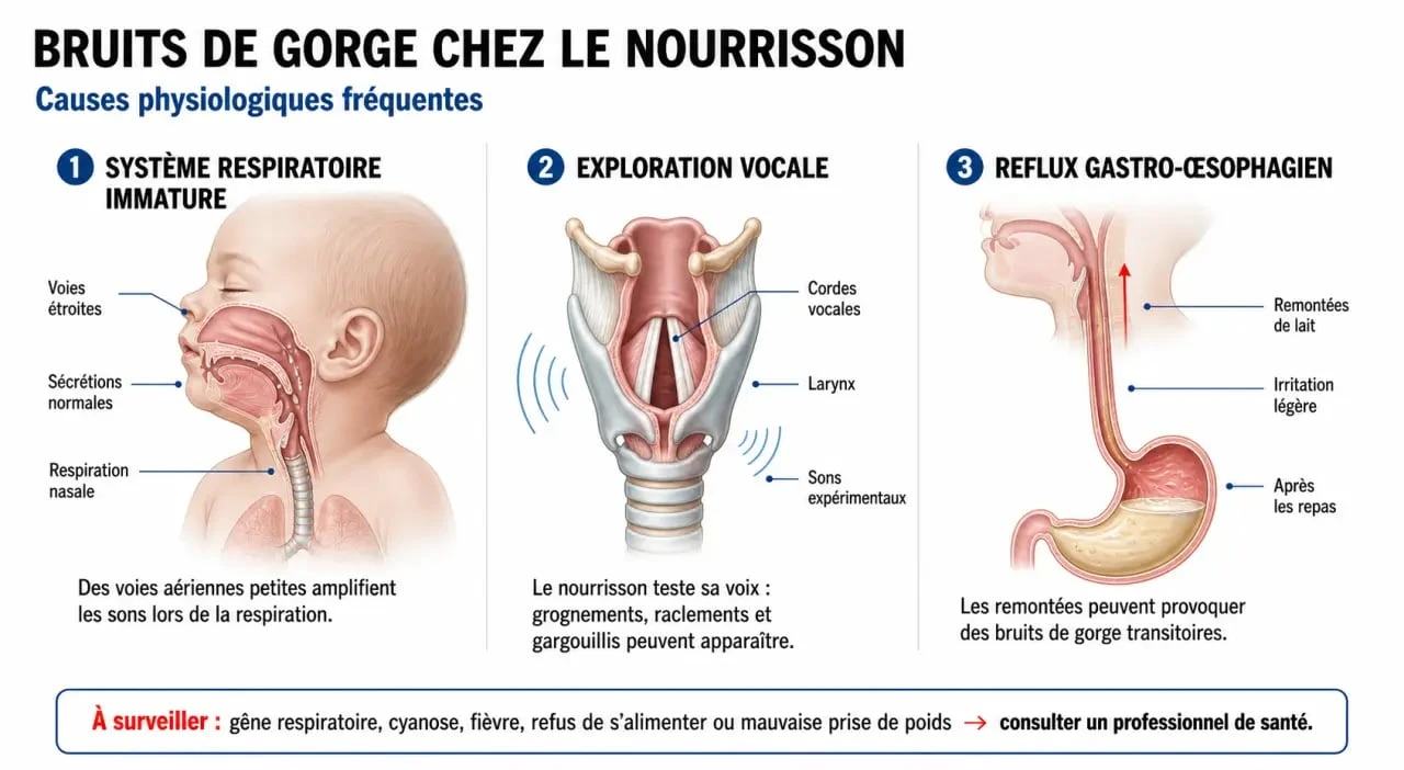 Schéma explicatif des causes physiologiques d'un bébé qui grogne et racle la gorge
