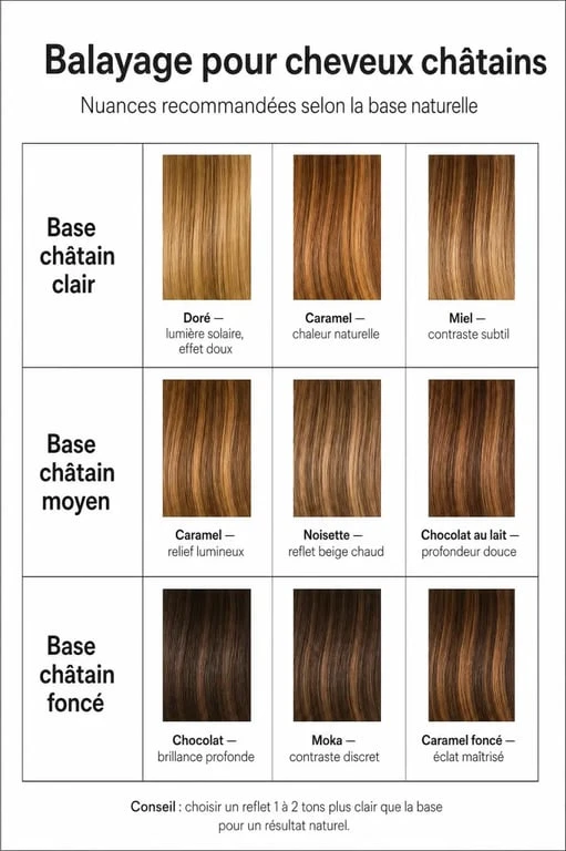 Infographie des nuances de balayage pour cheveux châtains selon la base naturelle