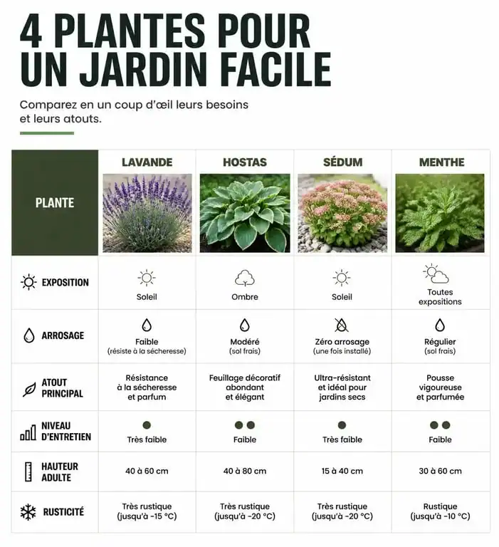Tableau comparatif des plantes pour un jardinier facile : lavande, hostas, sédum et menthe selon leur exposition et atouts.