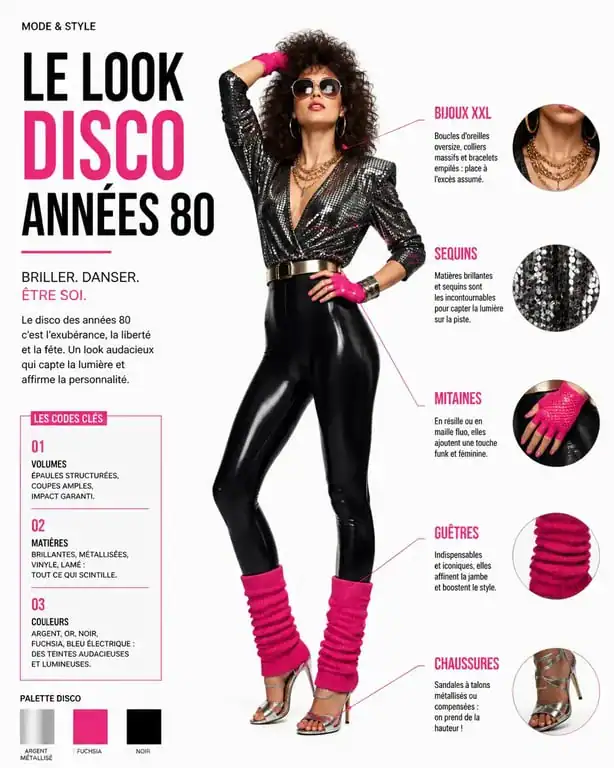 Infographie des éléments essentiels pour un look mode année 80 disco réussi