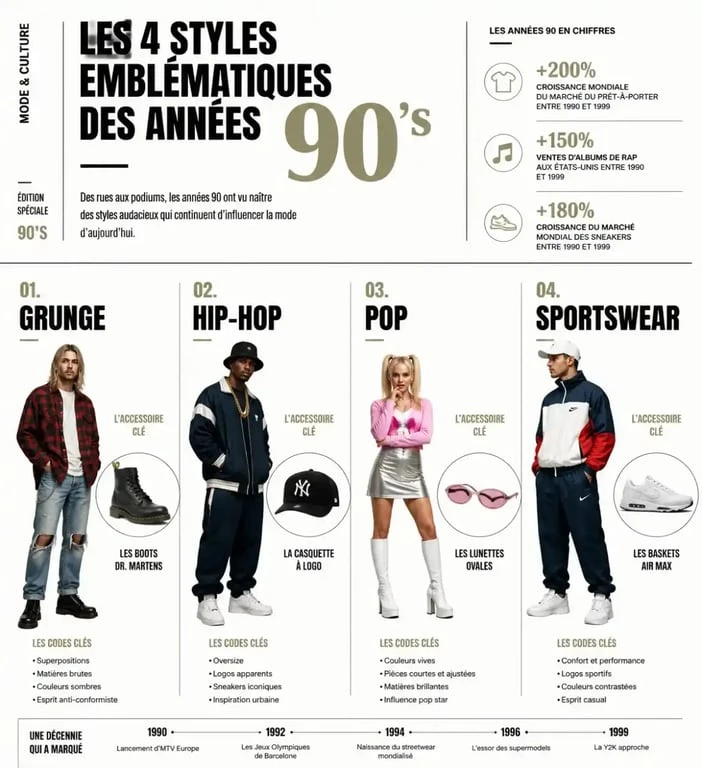 Infographie des styles de tenue année 90 : Grunge, Hip-Hop, Pop et Sportswear pour choisir son look vintage.