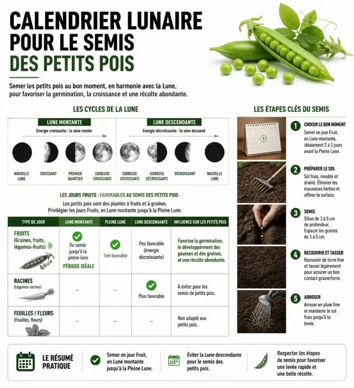 Calendrier lunaire pour le semis des petits pois : phases et jours fruits pour une récolte optimale
