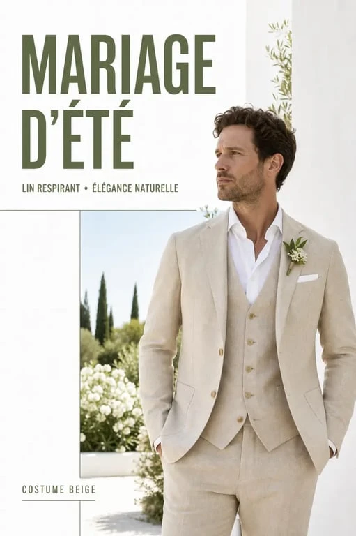 Homme portant un costume de mariage en lin beige pour une cérémonie en été