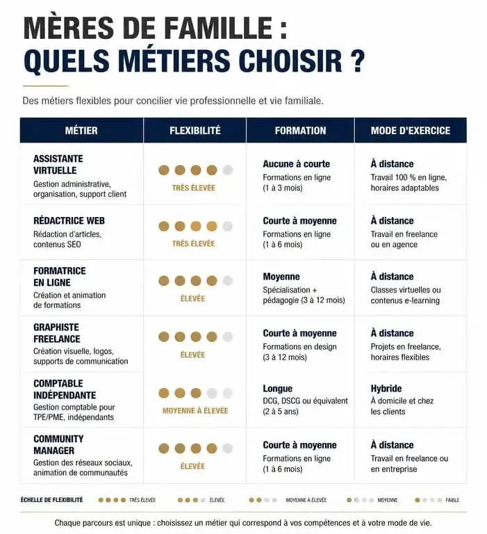 Tableau comparatif des métiers idéals pour une mère de famille : flexibilité, formation et mode d'exercice.