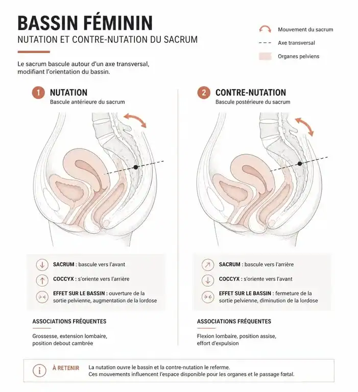 Schéma anatomique du bassin de la femme enceinte illustrant les mouvements de nutation et contre-nutation