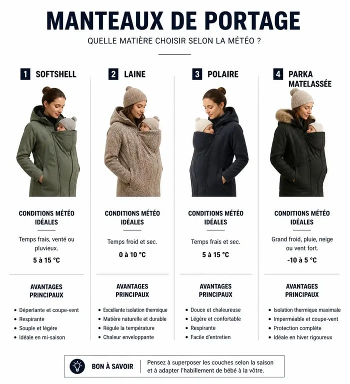 Infographie comparative des matières de manteau de portage pour choisir le modèle adapté à la météo et au style de vie.
