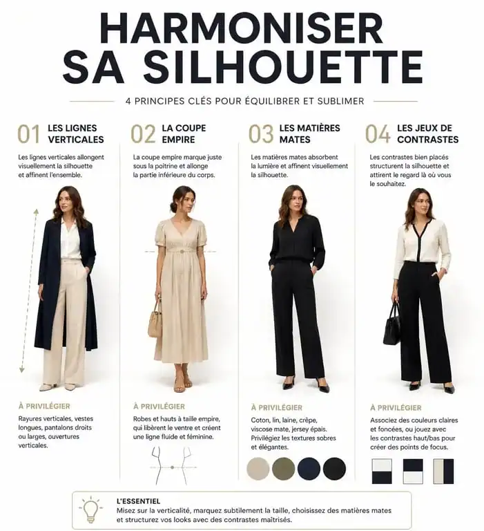 Infographie conseils mode pour s'habiller quand on a du ventre et harmoniser sa silhouette
