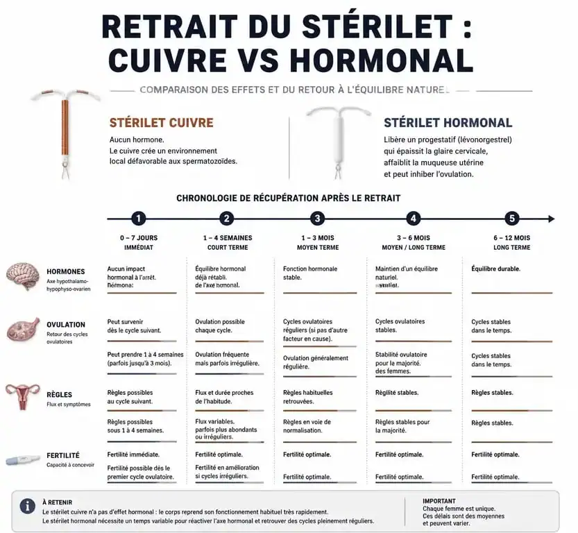 Infographie comparative des effets après le retrait d'un stérilet cuivre ou hormonal