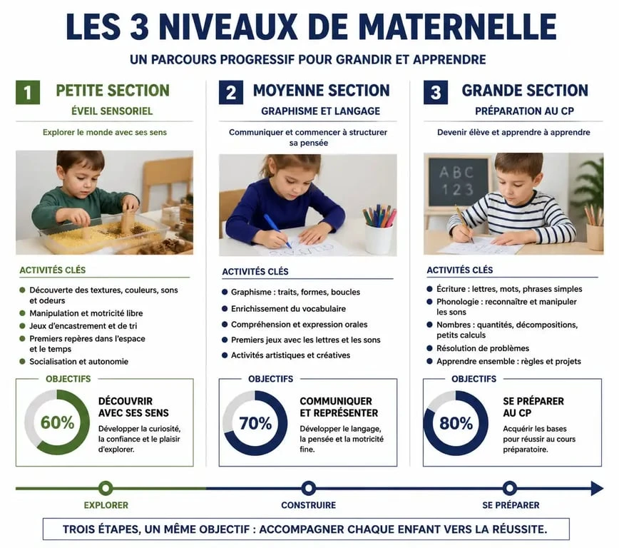 Infographie récapitulative des activités pédagogiques par niveau de maternelle : Petite, Moyenne et Grande Section
