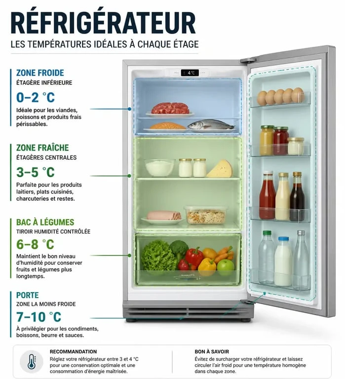 Infographie des zones de température pour bien ranger son frigo et optimiser la conservation des aliments