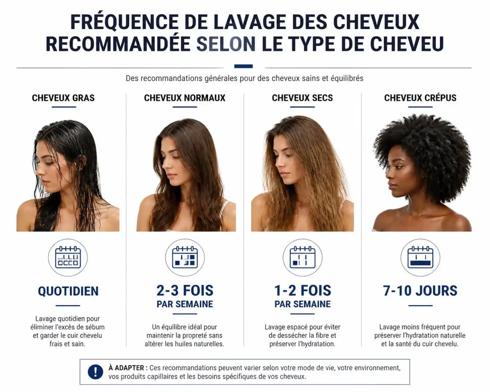 Infographie sur la fréquence de lavage idéale selon le type de cheveu pour savoir s'il faut se laver les cheveux tous les jours