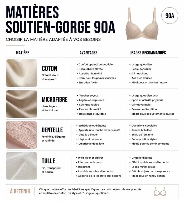 Infographie comparative des matières de soutien-gorge 90A pour un choix optimal