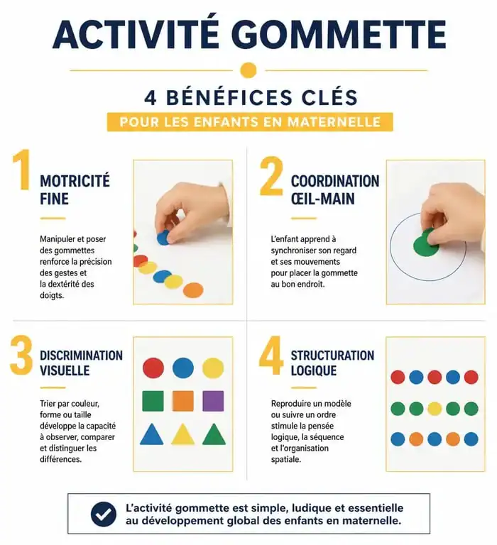 Infographie sur les bénéfices pédagogiques de l'activité gommette en maternelle pour le développement de l'enfant