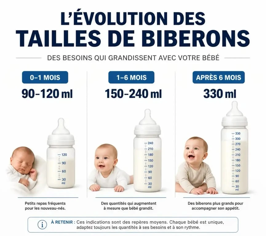Infographie des tailles de biberons recommandées selon l'âge de bébé pour savoir combien de biberons acheter.
