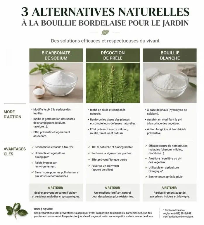 Infographie comparative des alternatives naturelles à la bouillie bordelaise pour le jardin
