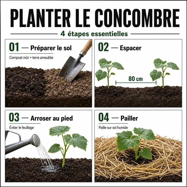 Infographie des 4 étapes clés pour réussir la plantation de vos concombres au potager