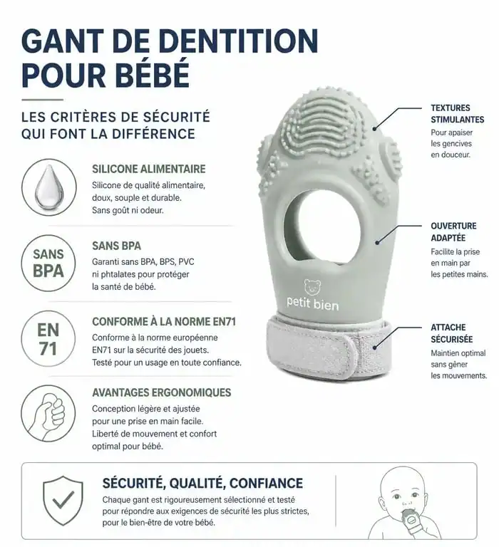 Infographie des critères de sécurité et avantages d'un gant de dentition pour bébé