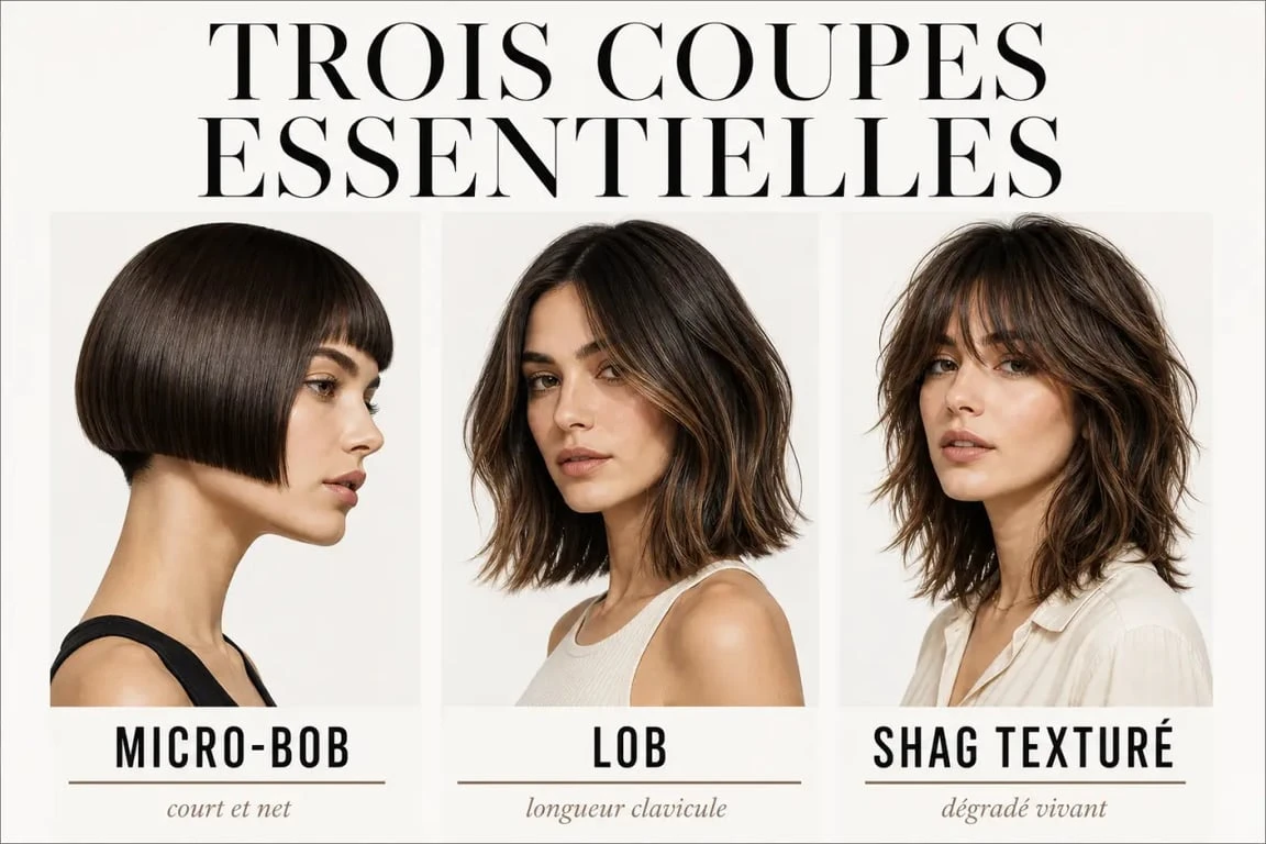 Différentes variantes de la tendance coupe carré femme : micro-bob, lob et carré shag