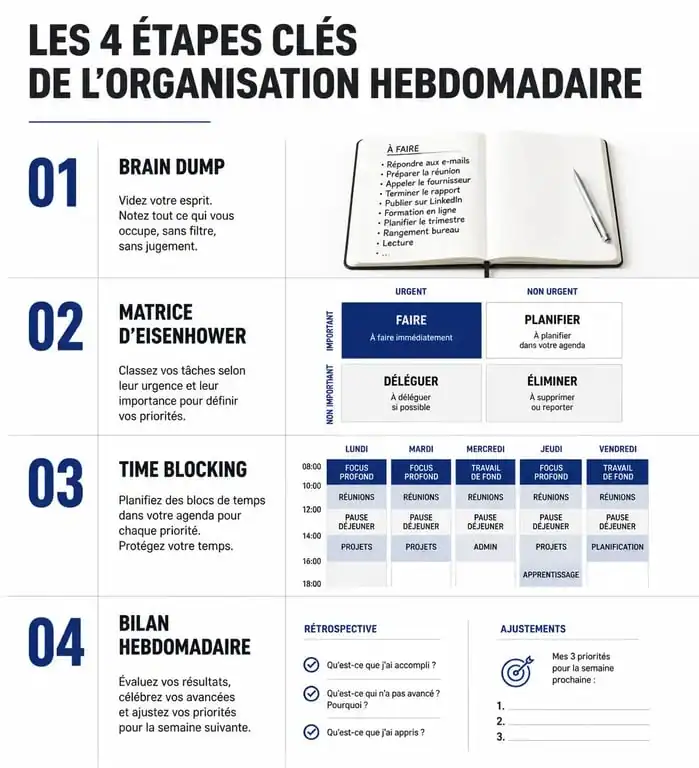 Infographie illustrant les étapes clés pour une organisation de la semaine efficace et productive