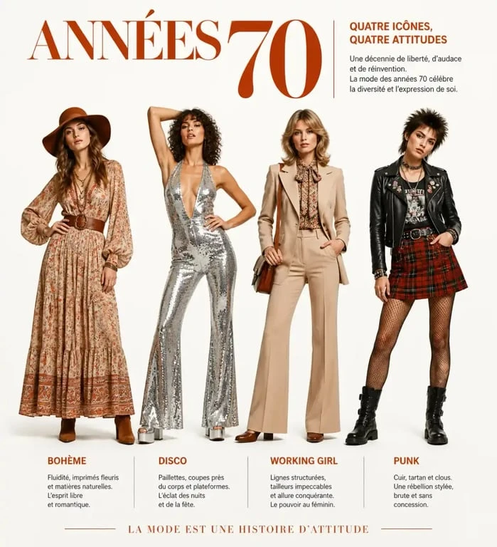 Looks emblématiques de la mode femme années 70 : bohème, disco, working girl et punk