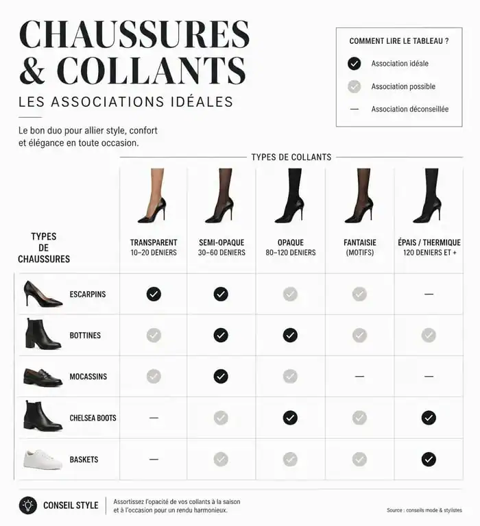 Infographie des meilleures associations entre collants et chaussures pour un style élégant