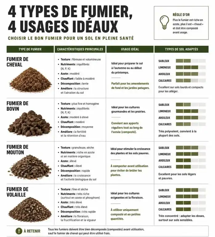 Infographie des types de fumier et quand mettre du fumier au jardin