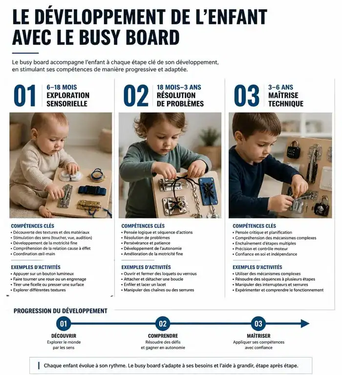 Infographie sur le développement moteur et sensoriel de l'enfant avec un tableau d'éveil selon les tranches d'âge