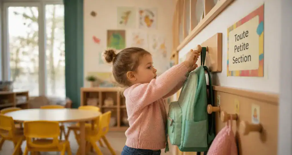 entrée en maternelle à 2 ans et demi, fillette pose son sac en classe