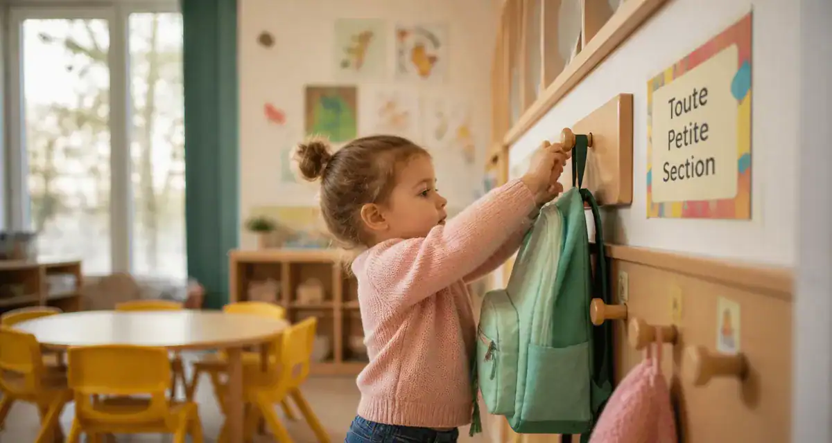 entrée en maternelle à 2 ans et demi, fillette pose son sac en classe