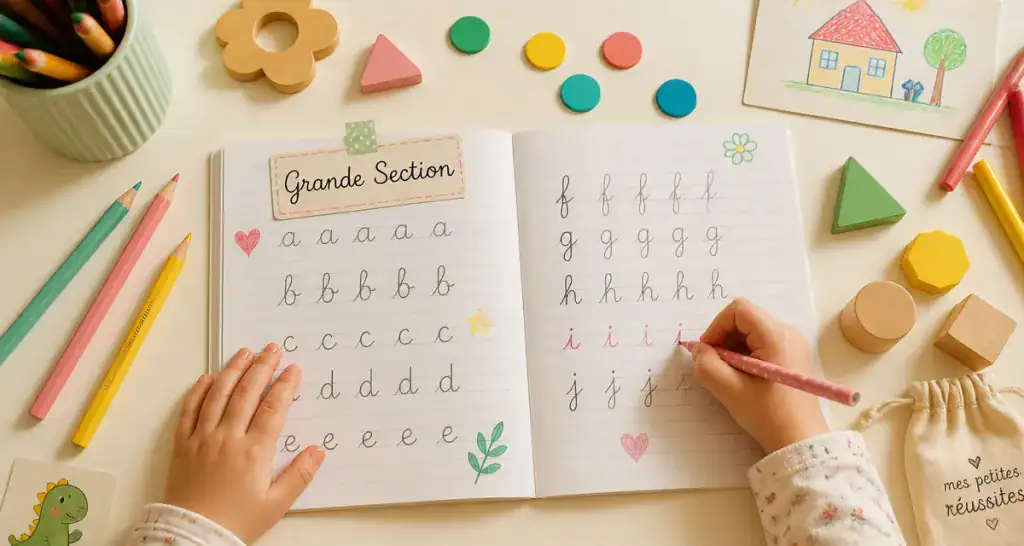 Bureau enfant grande section avec cahier et crayons