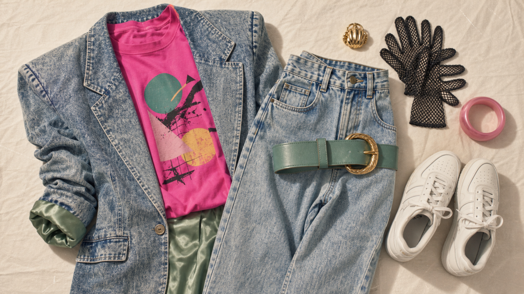 Look annee 1980 : denim acid wash et accessoires rétro