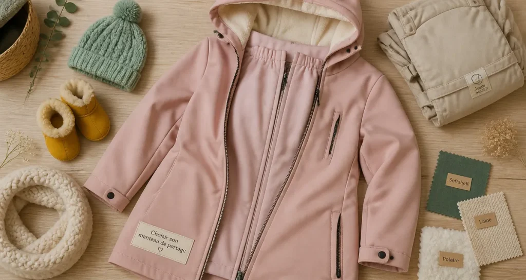 manteau de portage rose avec accessoires bébé