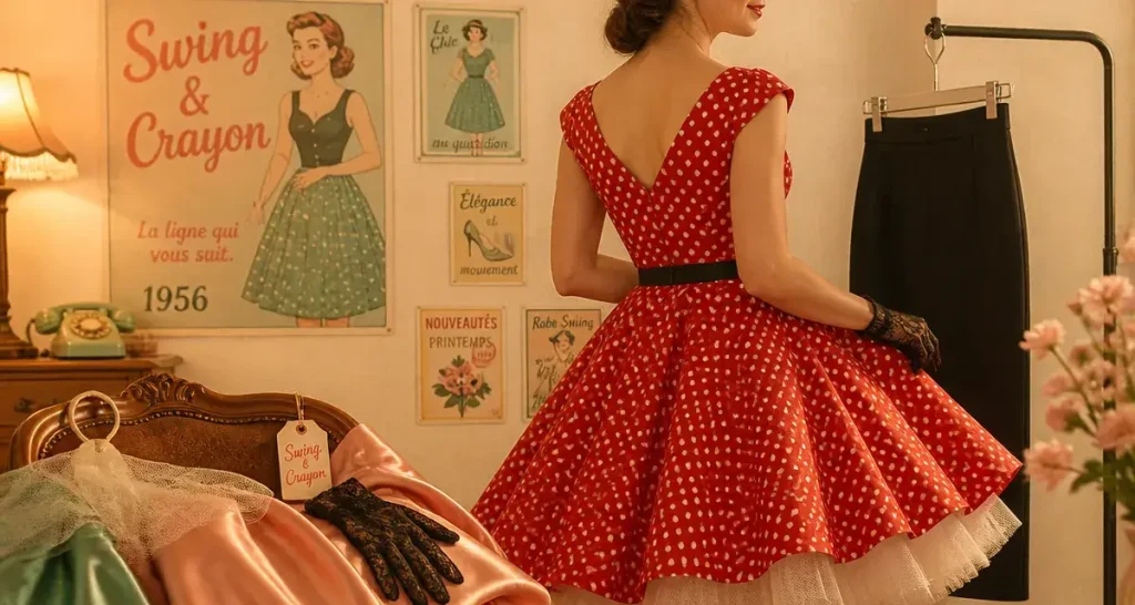 Robe swing rouge à pois et jupe crayon, mode année 50 femme rétro