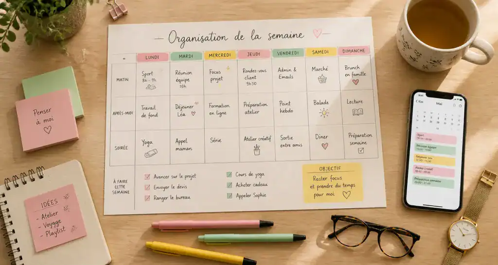 organisation semaine bureau avec semainier et outils